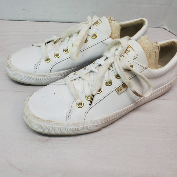 Keds Shoes - Keds Womens White‎ Leather Low Top Lace Up Sneakers Shoes Size 7 Gold Accents